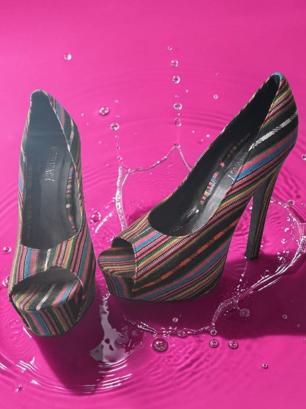 Delicacy Multicolor Striped Peep-Toe Platform Heels Womens Shoes Size 8 Sexy